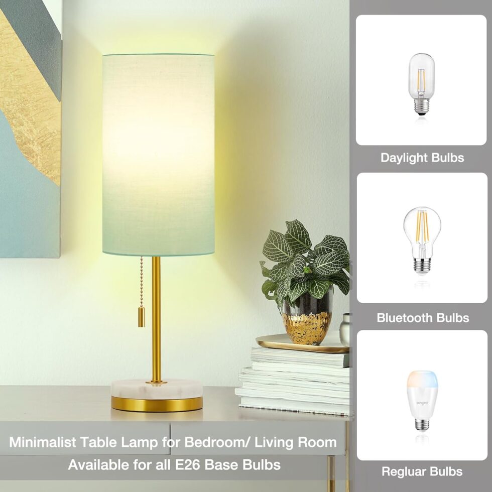 Luvkczc Minimalist Desk Lamp Set of 2, Nightstand Table Lamp for Bedroom Living Room, Modern Pull Chain Bedside Lamp with Marble Base, Fabric Shade, Small Lamp for Home, Office, Reading,Green