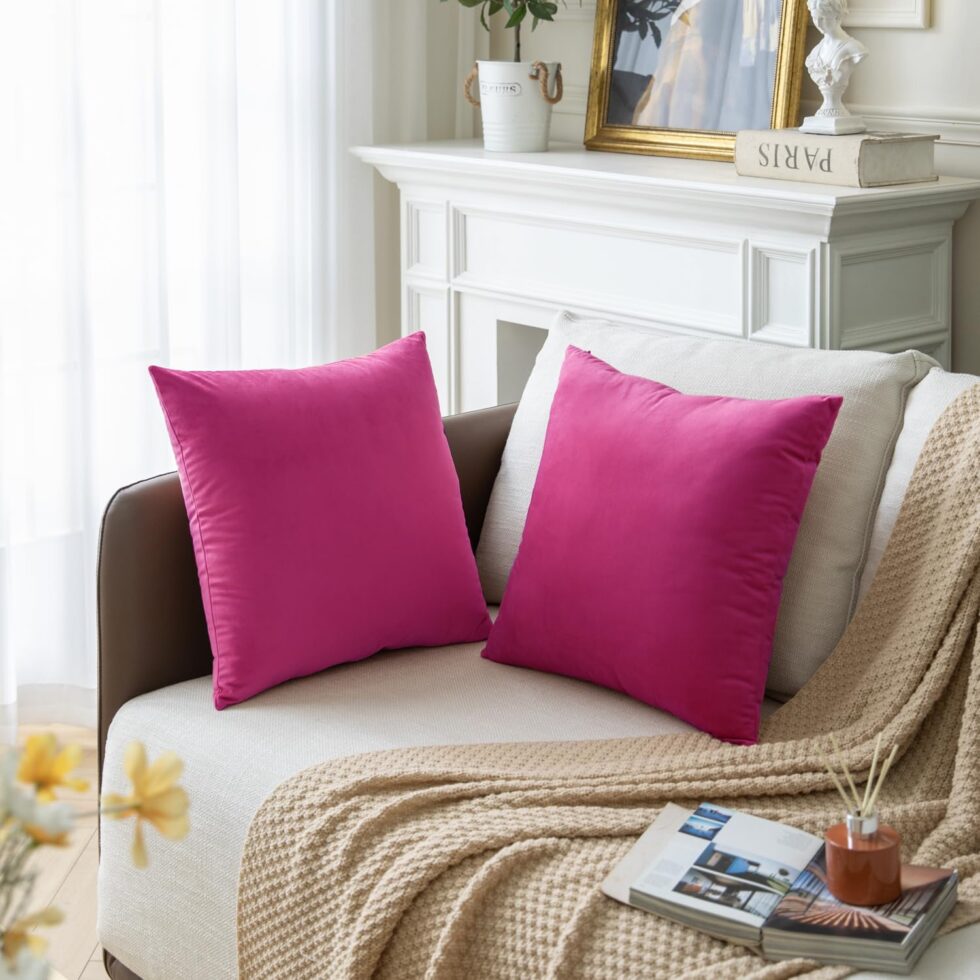 Set of 2 Hot Pink Colored Solid Velvet Throw Pillow Covers, Cozy Soft Accent Pillow Cases for Sofa Couch Bed and Living Room - 18"x18"