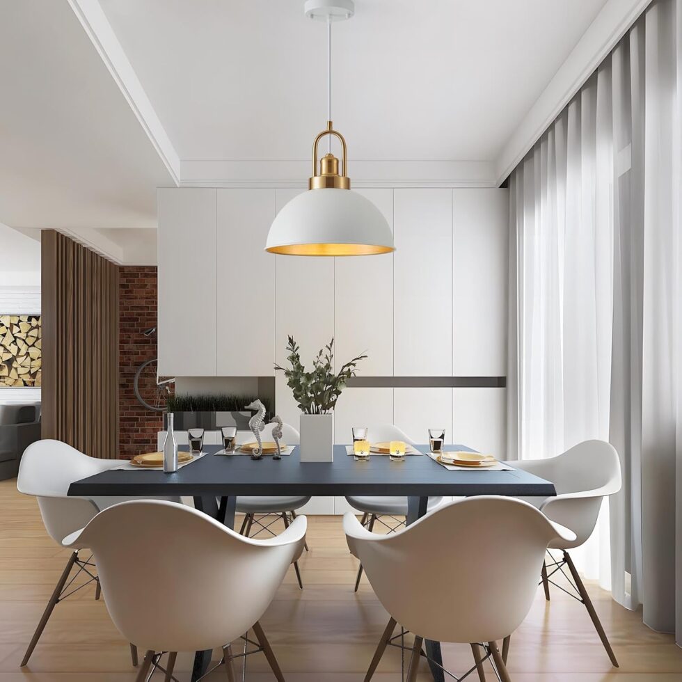 Farmhouse 11.81" White Pendant Light with Gold Finish, Industrial Metal Hanging Lighting Fixtures, Adjustable Height Dining Room Chandelier for Kitchen Island Hallway and Foyer 2 Pack