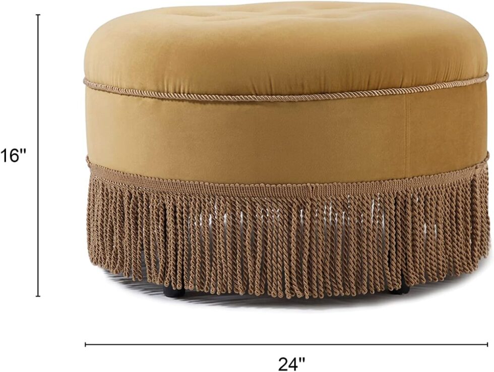 Jennifer Taylor Home Yolanda Upholstered Round Accent Ottoman, Gold Yellow Velvet with Gold Trim