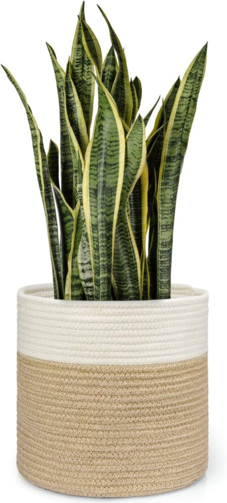 Dahey Jute Spliced Cotton Rope Plant Basket Modern Woven Storage Basket for 10" Floor Indoor Planter, Decorative Flower Pots Cover Laundry Bin with Handle Rustic Home Decor, White and Beige