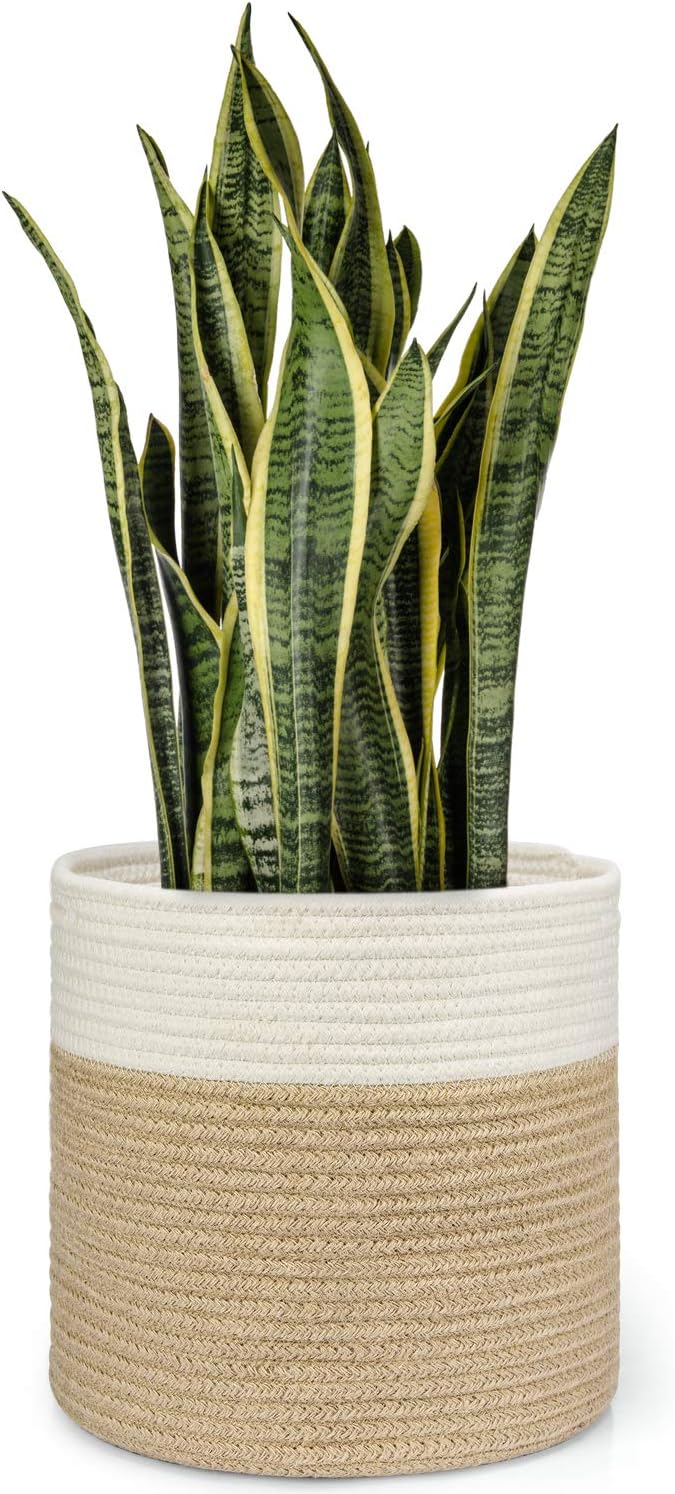 Dahey Jute Spliced Cotton Rope Plant Basket Modern Woven Storage Basket for 10" Floor Indoor Planter, Decorative Flower Pots Cover Laundry Bin with Handle Rustic Home Decor, White and Beige