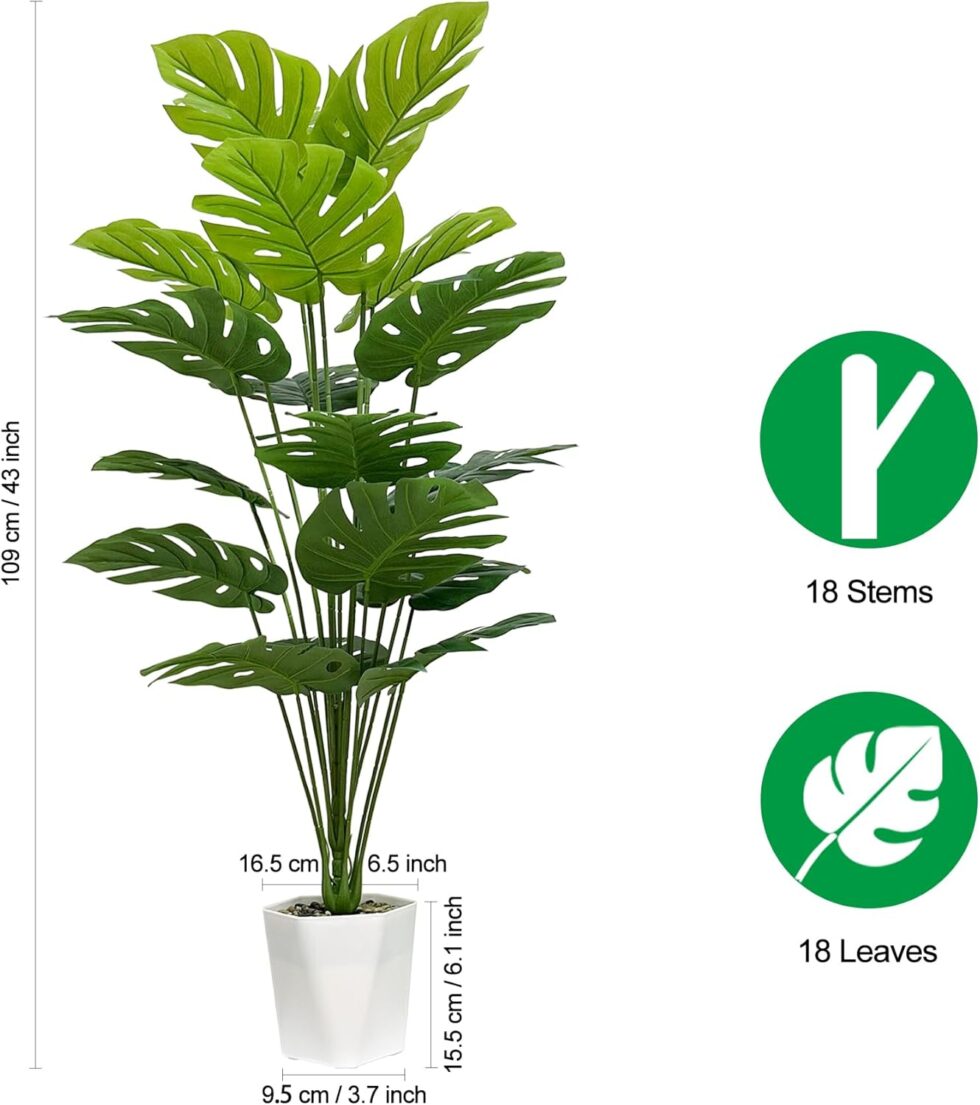 SAJANDAS Set of 2 Artificial Monstera Deliciosa Plants in Pots, Fake Tropical Palm Tree with Greenery Leaves Stems, 43 Inch Faux Swiss Cheese Floor Plants Indoor for Home, Office, Store Decor