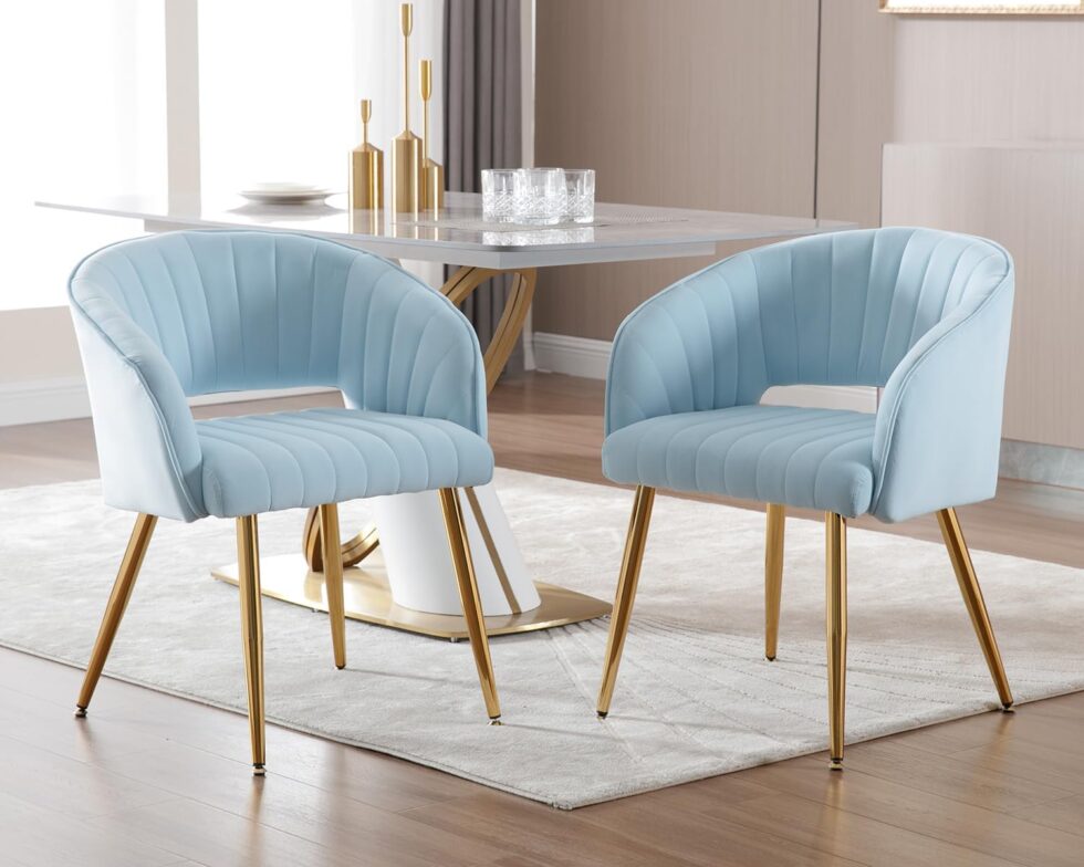 KCC Modern Velvet Desk Chair Accent Armchair Upholstered Tufted Chairs Dining Chairs, Tufted Vanity Chairs Side Chair with Gold Metal Legs for Dining Room Living Room Restaurant, 1 PC & Baby Blue