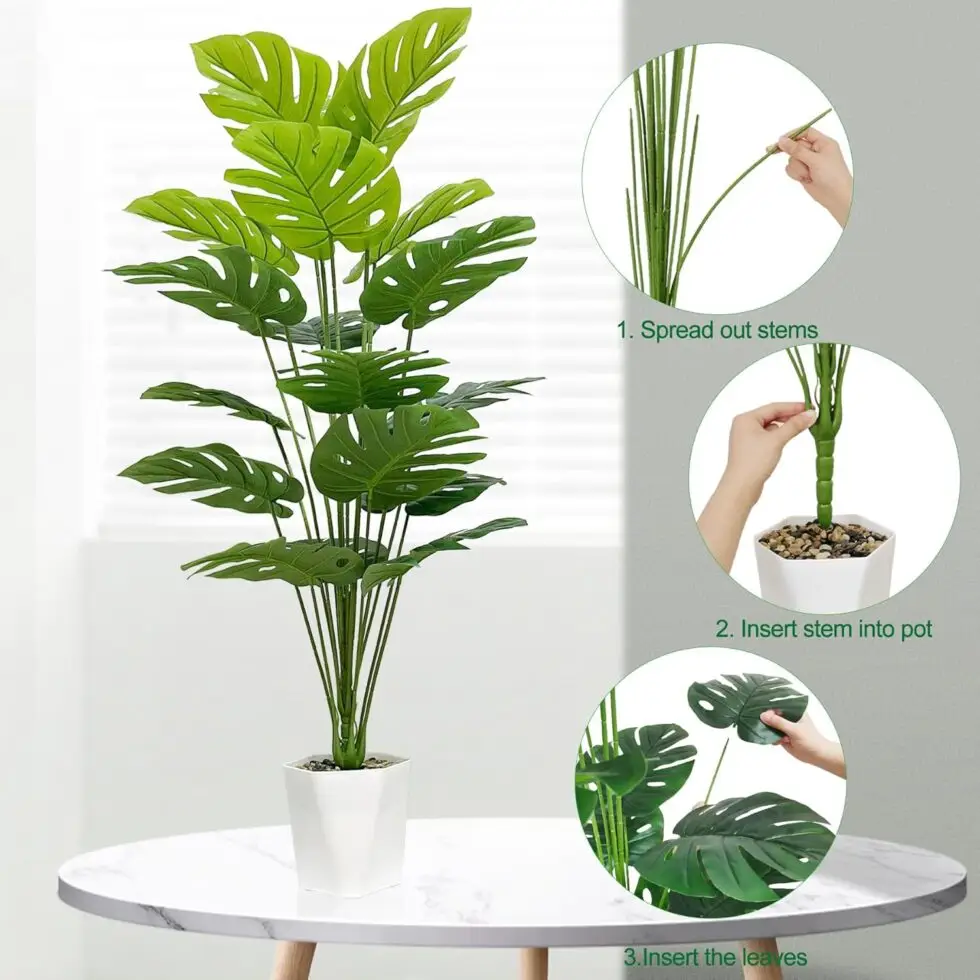 SAJANDAS Set of 2 Artificial Monstera Deliciosa Plants in Pots, Fake Tropical Palm Tree with Greenery Leaves Stems, 43 Inch Faux Swiss Cheese Floor Plants Indoor for Home, Office, Store Decor
