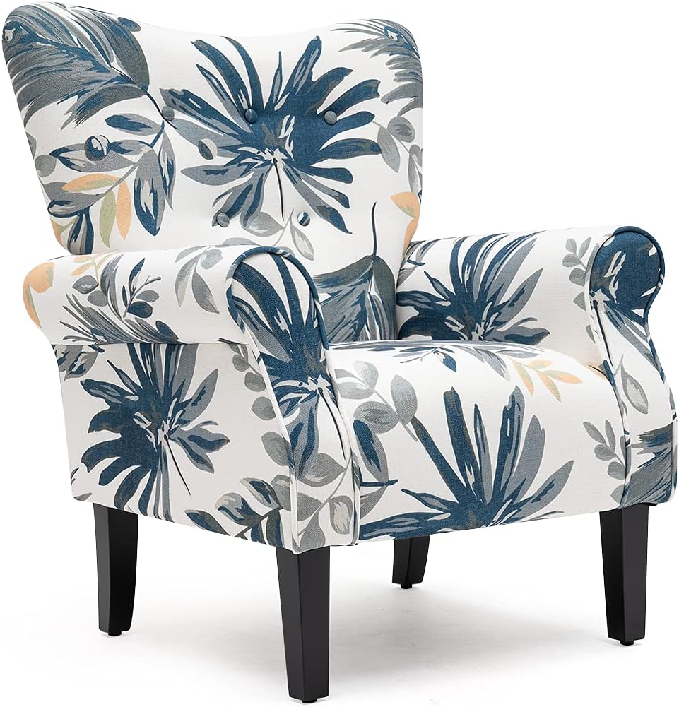 MELLCOM Mid Century Wingback Arm Chair,Modern Upholstered Fabric High Back Accent Chair with Wood Legs,Upholstered Single Sofa Club Chair for Living Room, Bedroom, Home Office, Blue Leaves