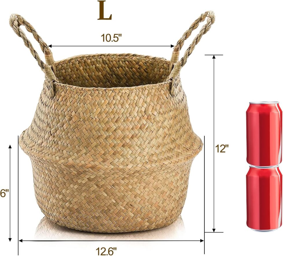 Yesland 2 Pack Woven Seagrass Plant Basket with Handles, Ideal Wicker Baskets Storage Plant Pot Baskets for Laundry, Picnic, Plant Pot Cover, Beach Bag and Grocery Basket (L)