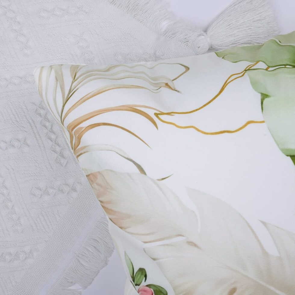 Bonhause Tropical Leaves Throw Pillow Covers 18x18 Set of 4 Green and Pink Palm Leaf Decorative Pillows Case Soft Velvet Cushion Covers for Outdoor Couch Sofa Patio Decor