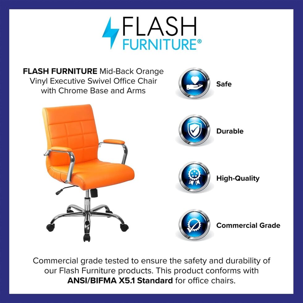 Flash Furniture Vivian Mid-Back Orange Vinyl Executive Swivel Office Chair with Chrome Base and Arms
