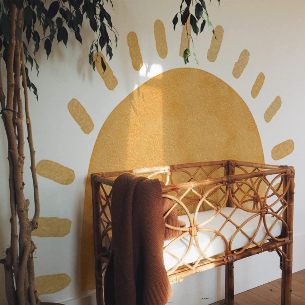 Large Fabric Watercolor Boho Half Sun Wall Decals Peel and Stick, Pastel Sunrise Wall Murals Stickers, Sunshine Wall Arch Art Decor for Kids Room Playroom Nursery Bedroom, 45.28" x 35.43"