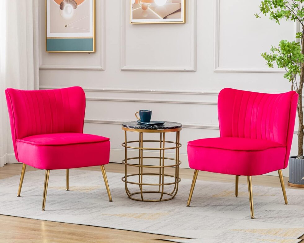 Velvet Accent Chair Set of 2 Comfy Living Room Chair Armless Slipper Chair Mid Century Side Single Sofa Chair with Golden Legs Wingback for Bedroom Guest Room, Hot Pink