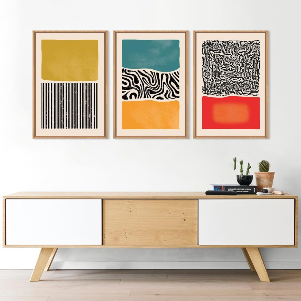HLNIUC Boho Framed Canvas Wall Art Set, Mid Century Modern Wall Decor, Abstract Bohemian Color Block Painting, Neutral Art Print for Living Room, Bedroom, Dinning Room, Office, Bathroom - 16"x24"x3