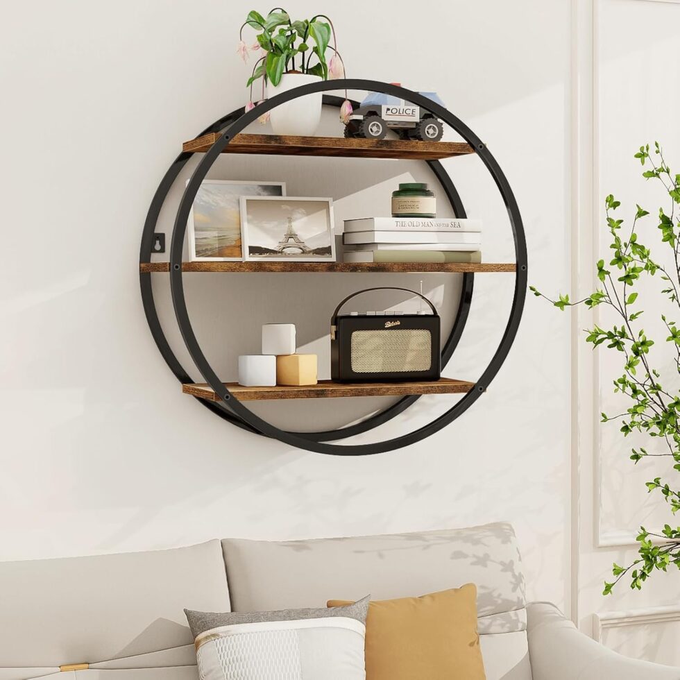 Floating Shelves, 3 Tier Decorative Geometric Circle Metal and Wood Wall Shelves, Bathroom Shelf Round Wall Decor, Rustic Brown