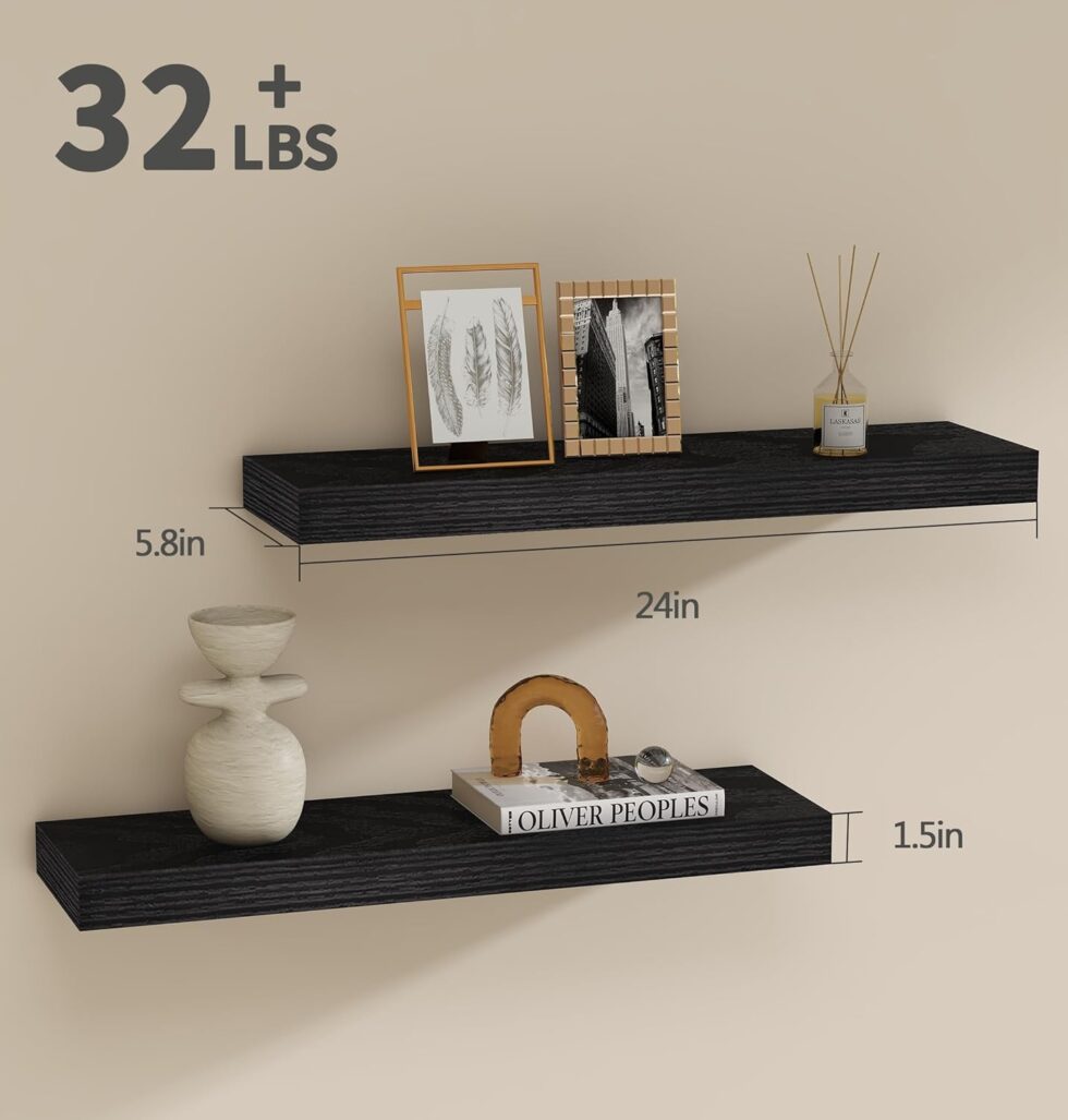 Vervida Floating Shelves for Wall 2 Set of 24 W x 5.8" D for Kitchen, Living Room,Bathroom,Office,Bedroom Storage Shelves for Home Decor with Invisible Brackets Black Shelves for Wall Storage