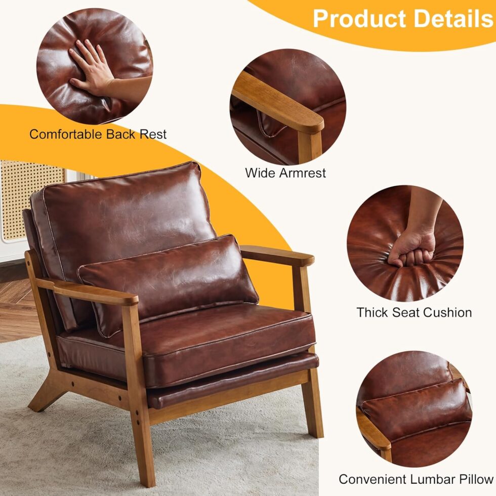 Karl home Accent Chair Wide Armrest Mid-Century Lounge Chair PU Leather Armchair with Lumbar Pillow & Solid Wood Frame for Living Room, Bedroom, Balcony, Red-Brown