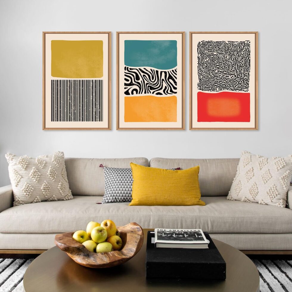 HLNIUC Boho Framed Canvas Wall Art Set, Mid Century Modern Wall Decor, Abstract Bohemian Color Block Painting, Neutral Art Print for Living Room, Bedroom, Dinning Room, Office, Bathroom - 16"x24"x3