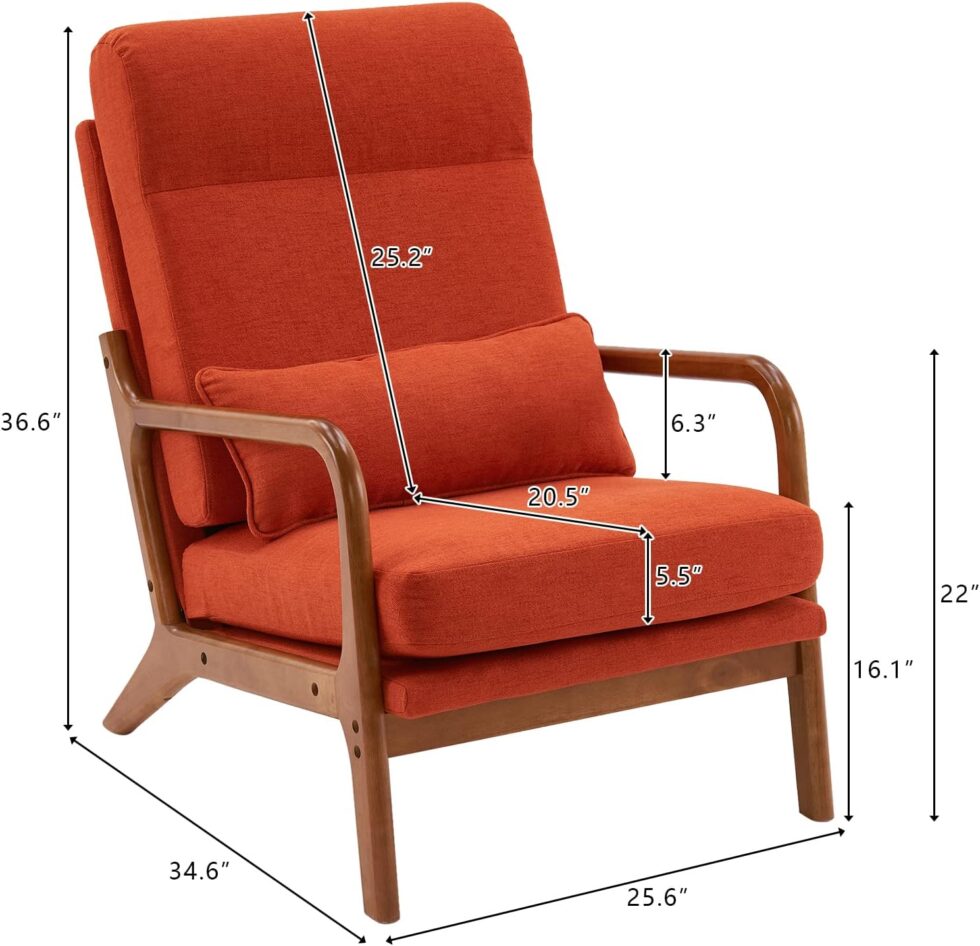 Bonnlo High Back Linen Burnt Orange Mid Century Modern Accent Chair, Soild Wood Padding Lounge Armchairs Side Sitting Chairs for Living Room, Bedroom, Guest Room