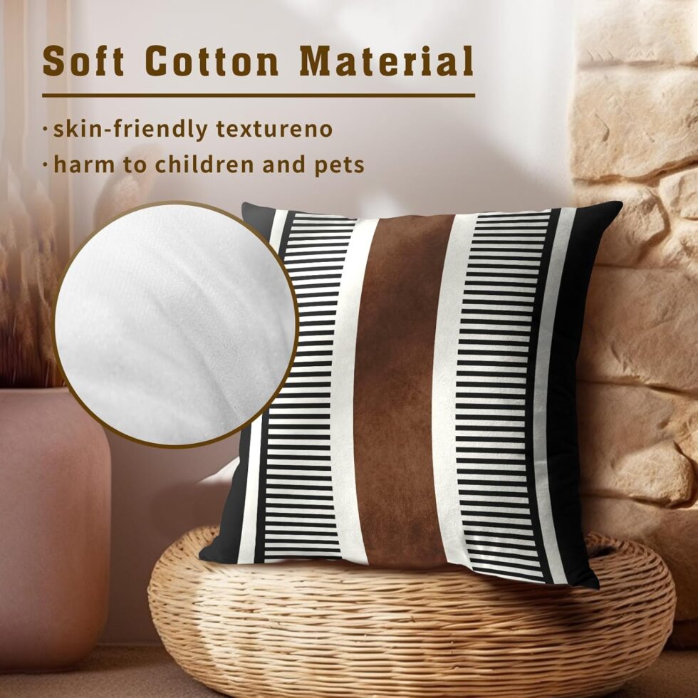 Kawani Boho Decorative Throw Pillow Covers 18x18 Inch Black White Brown Stripe Pillow Covers Set of 2 Farmhouse Rustic Decorative Pillows Modern Geometric Pillow Cases for Couch Decor
