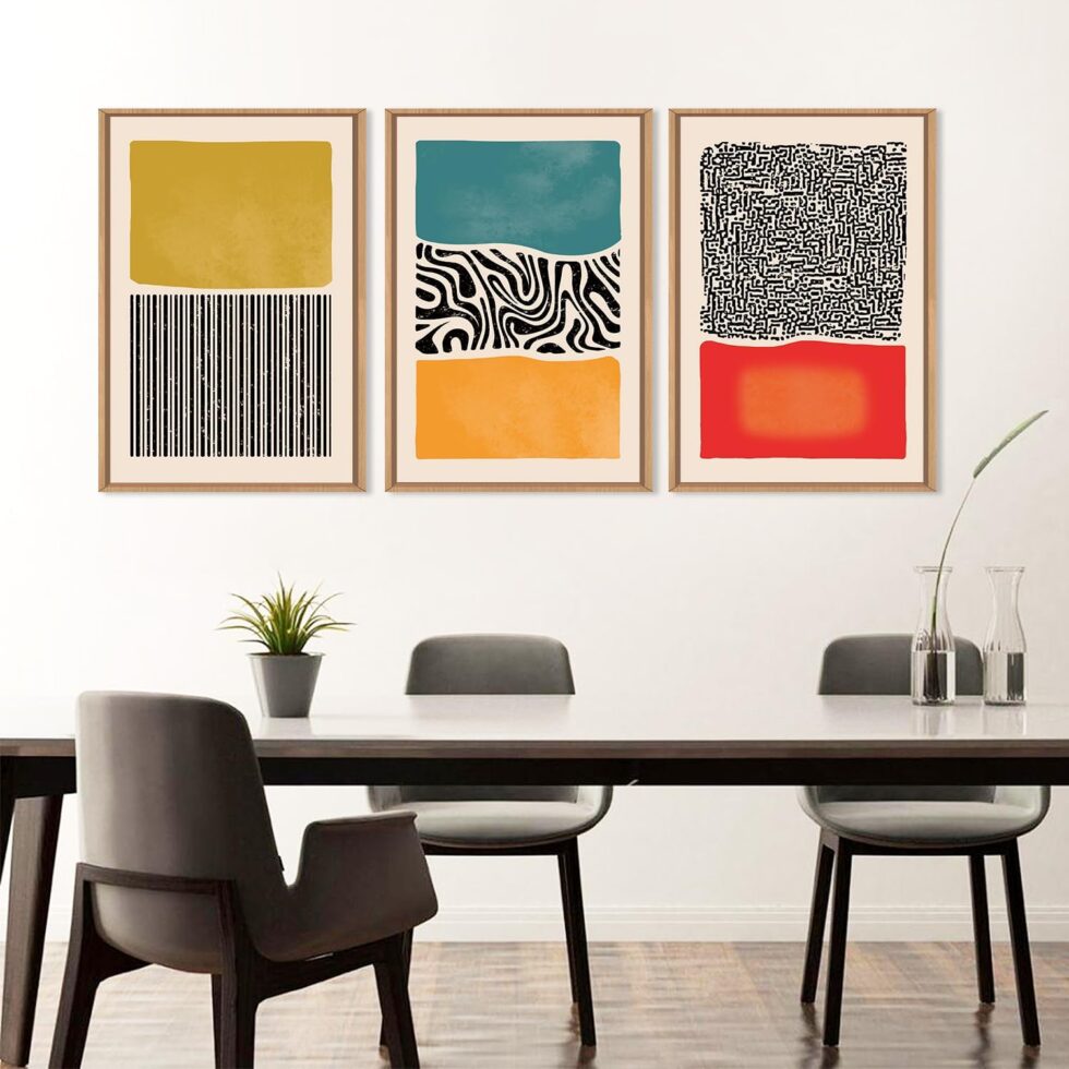 HLNIUC Boho Framed Canvas Wall Art Set, Mid Century Modern Wall Decor, Abstract Bohemian Color Block Painting, Neutral Art Print for Living Room, Bedroom, Dinning Room, Office, Bathroom - 16"x24"x3