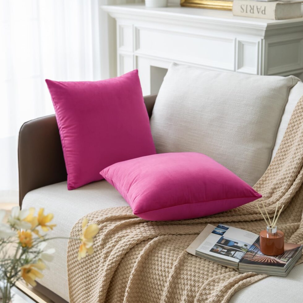 Set of 2 Hot Pink Colored Solid Velvet Throw Pillow Covers, Cozy Soft Accent Pillow Cases for Sofa Couch Bed and Living Room - 18"x18"