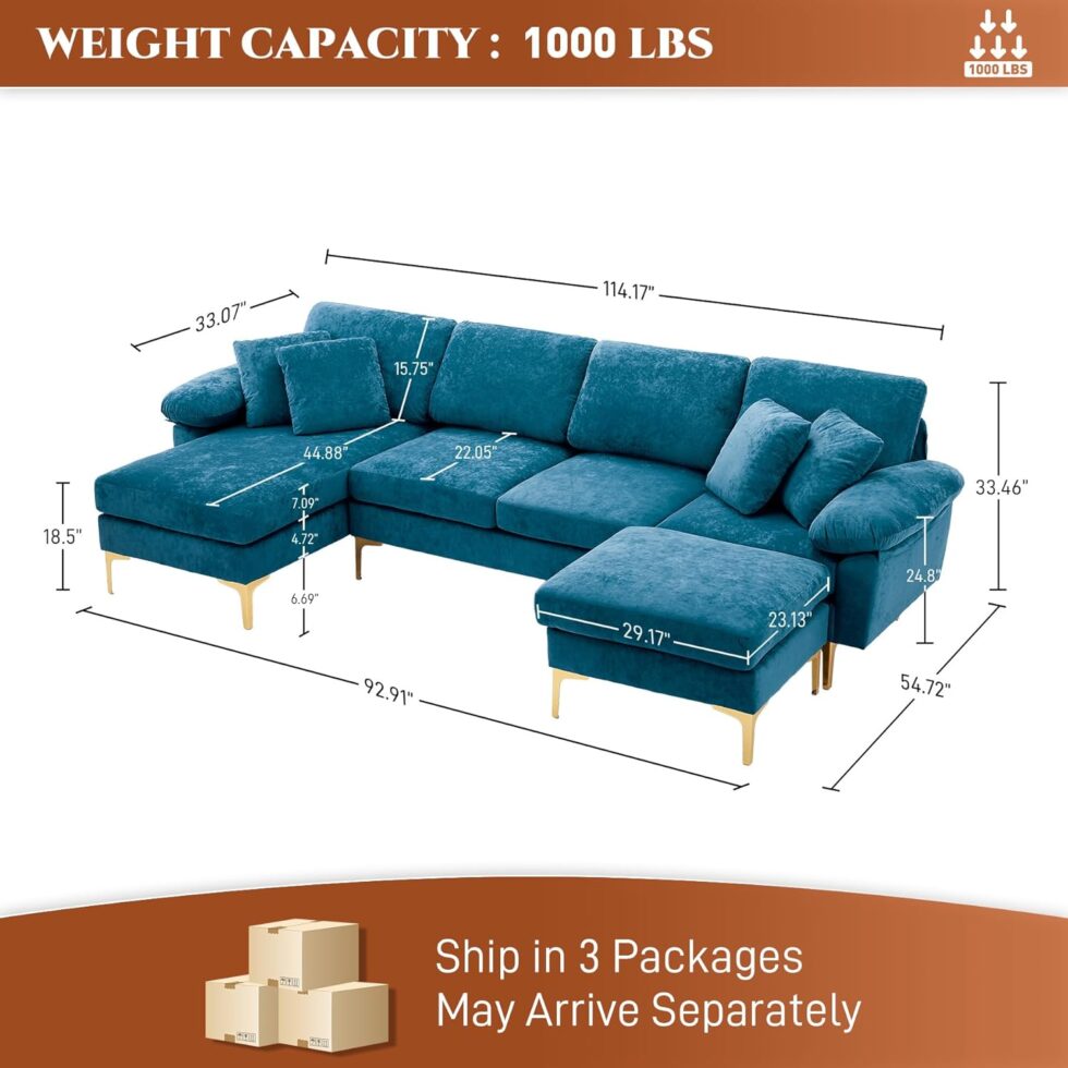 OUYESSIR U-Shaped Sectional Sofa Couch, 4 Seat Sofa Set for Living Room, Convertible L-Shaped Velvet Couch Set with Chaise Lounge, Ottoman and Pillows,114 inches (Teal Blue)