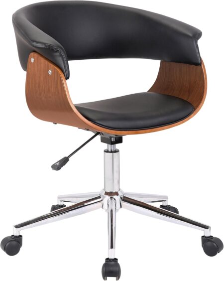 Armen Living Bellevue Mid-Century Office Chair in Chrome Finish with Black Faux Leather and Walnut Veneer