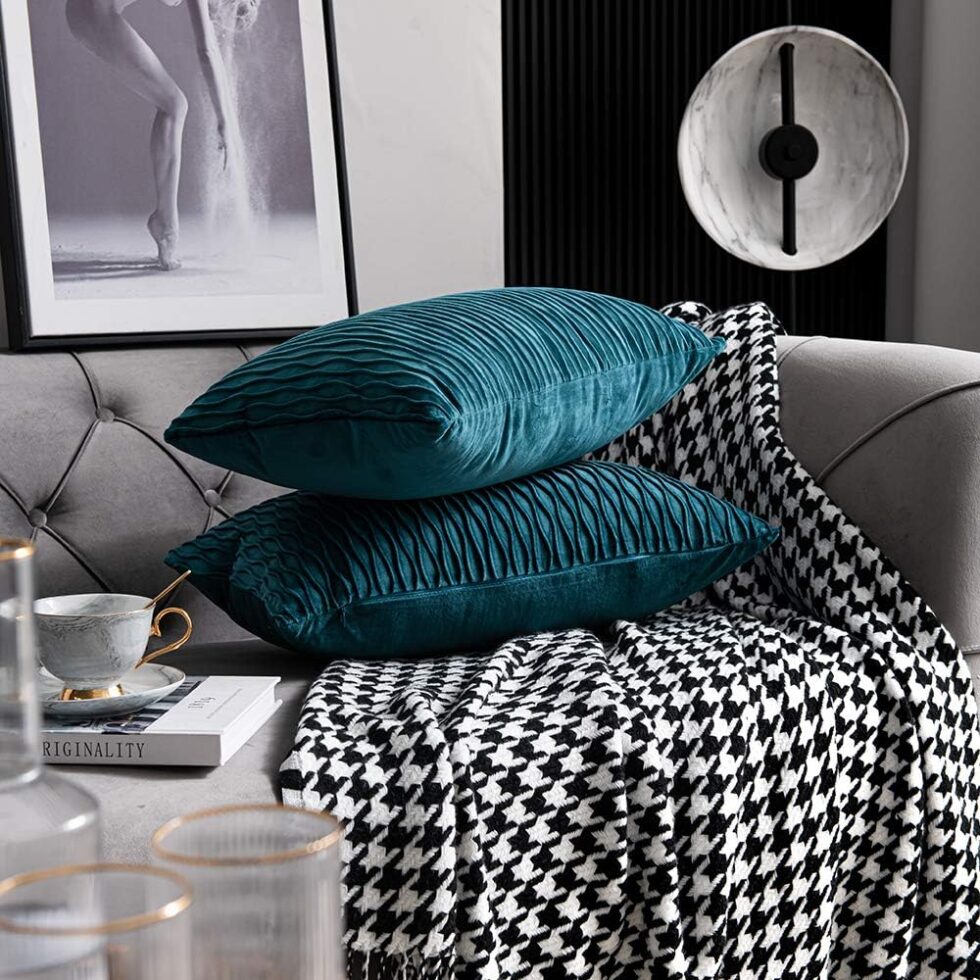 DEZENE 12x20 Teal Throw Pillow Cases: 2 Pack Original Striped Velvet Rectangular Decorative Pillow Covers for Farmhouse Couch