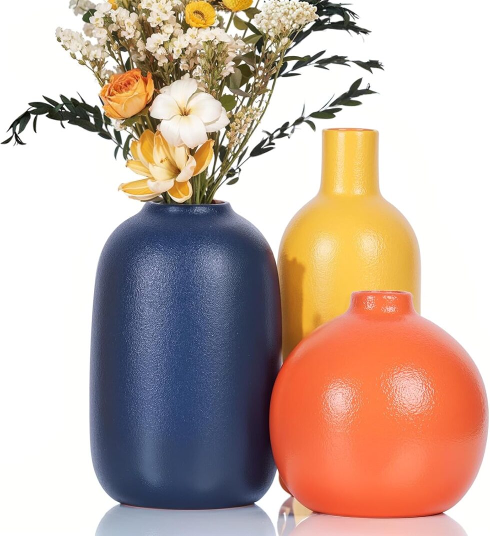 Colorful Ceramic Vase Set, Small Burnt Orange Blue Yellow Vases Home Decor,Fall Décor Modern Farmhouse Vases for Home Decor, Organic Decor Accents for Living Room, Table, Shelf, Entryway, Set of 3