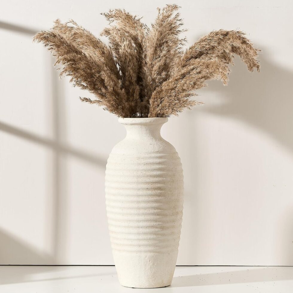 Ceramic Natural Rustic Vase, 14.4 Inch Large Vintage Flower Threaded Decorative Farmhouse Tall Vase for Home Decor, Living Room, Shelf Decor, Wedding, Housewarming Gift, Off-White