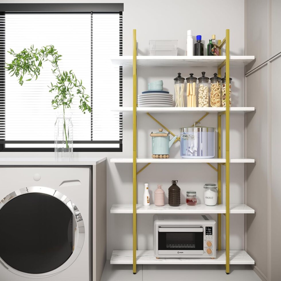 5 Tiers Bookshelf Organizer White Faux Marble Shelf,Modern Open Display Storage Bookcase, and Metal Bookshelf Standing Storage Shelf Tall Shelving Units for Home Office Study