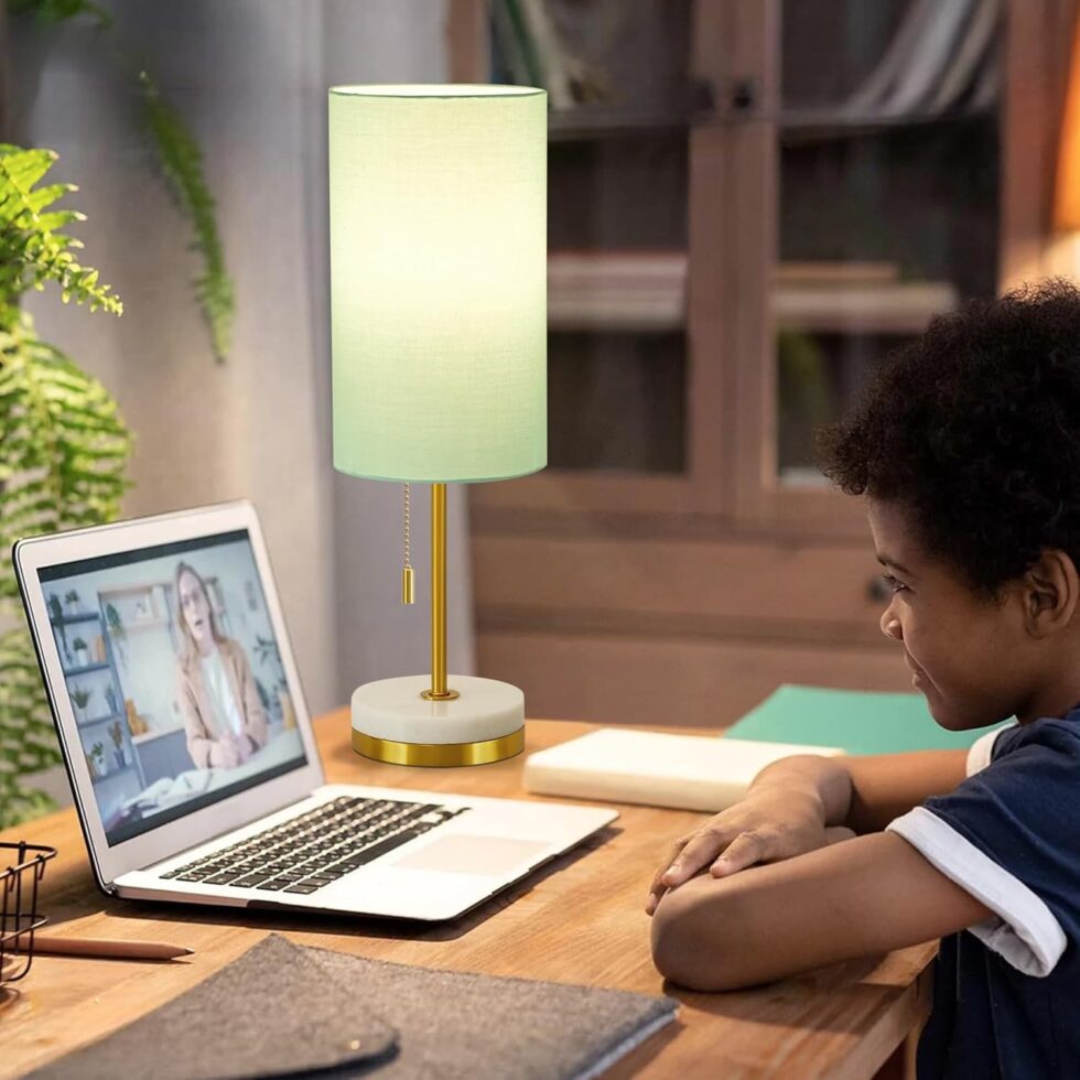 Luvkczc Minimalist Desk Lamp Set of 2, Nightstand Table Lamp for Bedroom Living Room, Modern Pull Chain Bedside Lamp with Marble Base, Fabric Shade, Small Lamp for Home, Office, Reading,Green