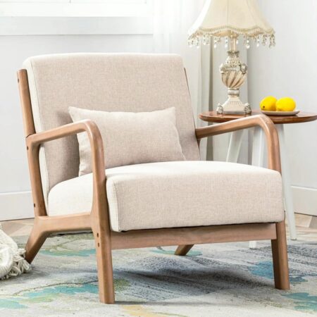 ANJHOME Mid Century Modern Accent Chair, Comfy Fabric Living Room Chairs with Solid Wood Frame, Lounge Reading Armchair, Easy Assembly, Beige