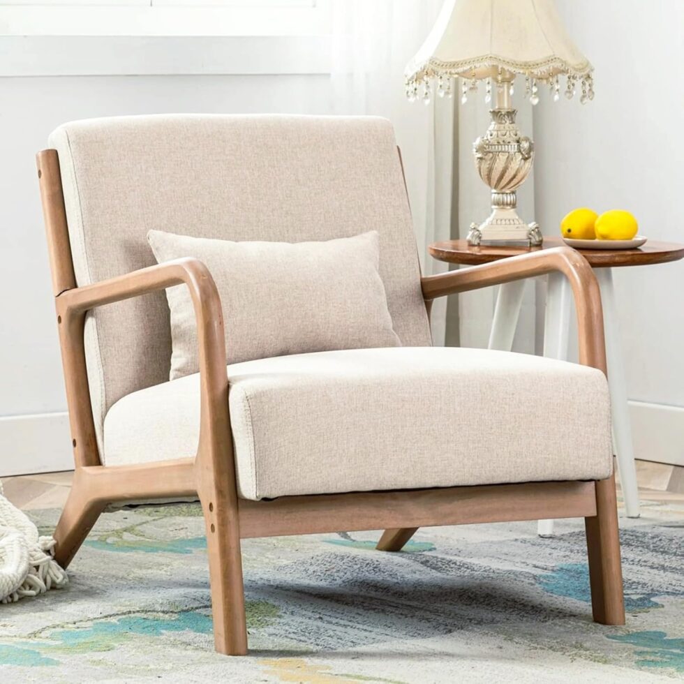 ANJHOME Mid Century Modern Accent Chair, Comfy Fabric Living Room Chairs with Solid Wood Frame, Lounge Reading Armchair, Easy Assembly, Beige
