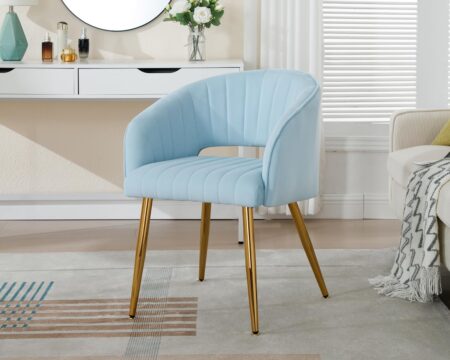 KCC Modern Velvet Desk Chair Accent Armchair Upholstered Tufted Chairs Dining Chairs, Tufted Vanity Chairs Side Chair with Gold Metal Legs for Dining Room Living Room Restaurant, 1 PC & Baby Blue