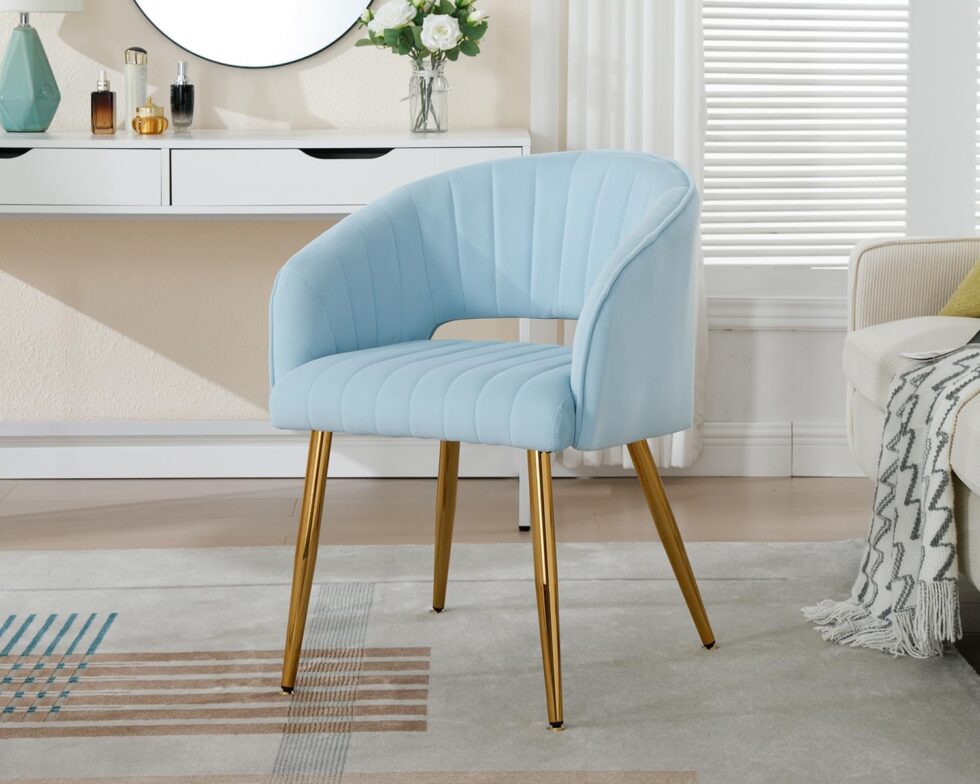 KCC Modern Velvet Desk Chair Accent Armchair Upholstered Tufted Chairs Dining Chairs, Tufted Vanity Chairs Side Chair with Gold Metal Legs for Dining Room Living Room Restaurant, 1 PC & Baby Blue