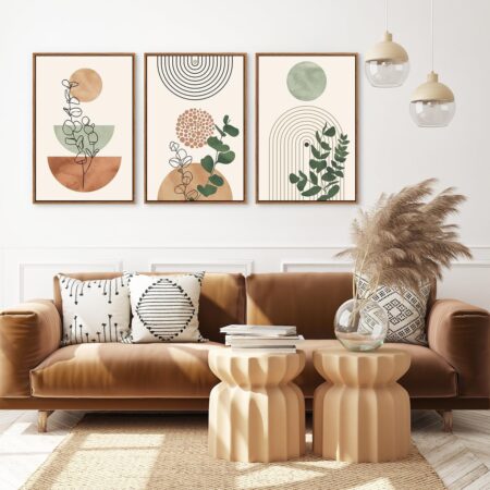 Ausril Boho Terracotta Green Framed Canvas Wall Art Set, Abstract Plant Wall Decor, Mid Century Modern Geometric Wall Painting, Neutral Abstract Art Print to Living Room, Bedroom, Office 36"x24"x3