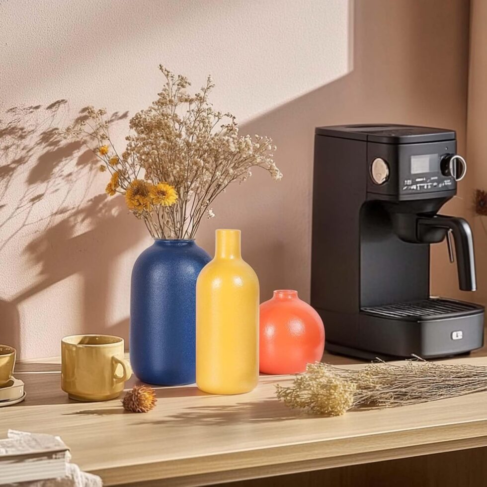 Colorful Ceramic Vase Set, Small Burnt Orange Blue Yellow Vases Home Decor,Fall Décor Modern Farmhouse Vases for Home Decor, Organic Decor Accents for Living Room, Table, Shelf, Entryway, Set of 3