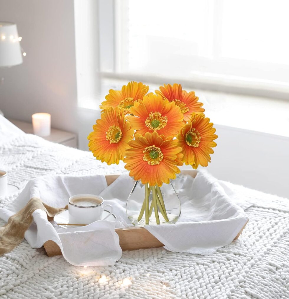 Briful Gerbera Daisy Artificial Flowers, Fake Flowers in Glass Vase with Faux Water,Real Touch Silk Flowers with Stem for Home Bookshelf Tabletop Bathroom Decorations,Orange