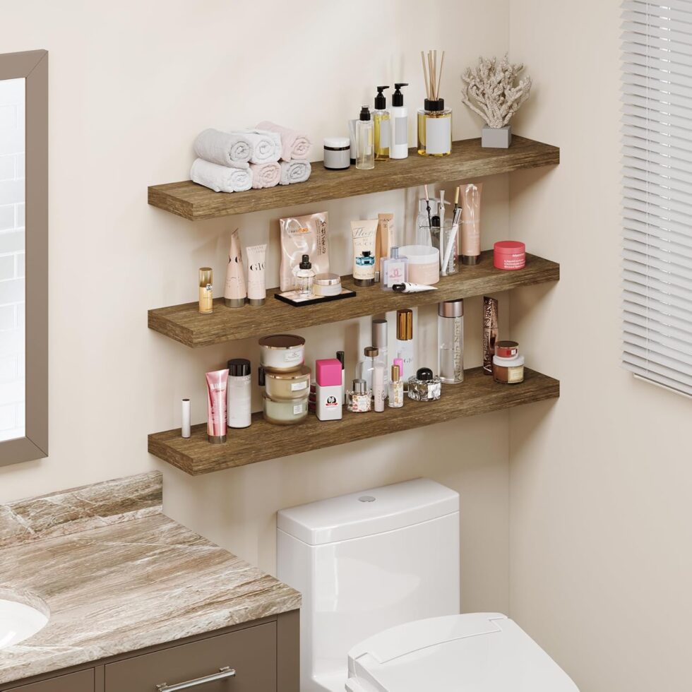 BAMEOS Floating Shelves, Wall Mounted Wooden Shelves with Invisible Brackets Set of 3, Hanging Wall Shelves Decoration for Bedroom, Bathroom, Living Room and Kitchen
