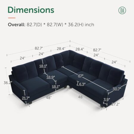 HONBAY Convertible Sectional Sofa L Shaped Couch for Small Apartment Reversible Sectional Couch for Living Room,Velvet Dark Blue