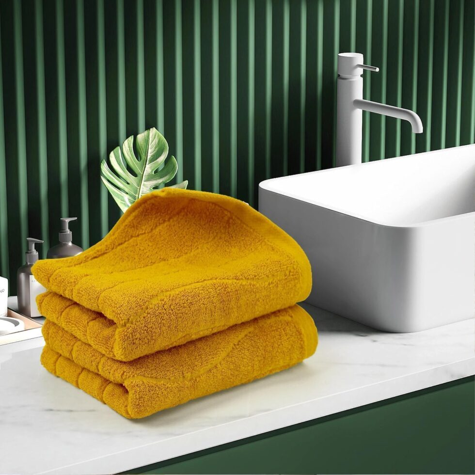 Jacquotha Wavy Striped Cotton Hand Towels, Set of 2, Dry Your Hand Instantly, 13x29 Inches, Mustard Fall Kitchen Bathroom Towel