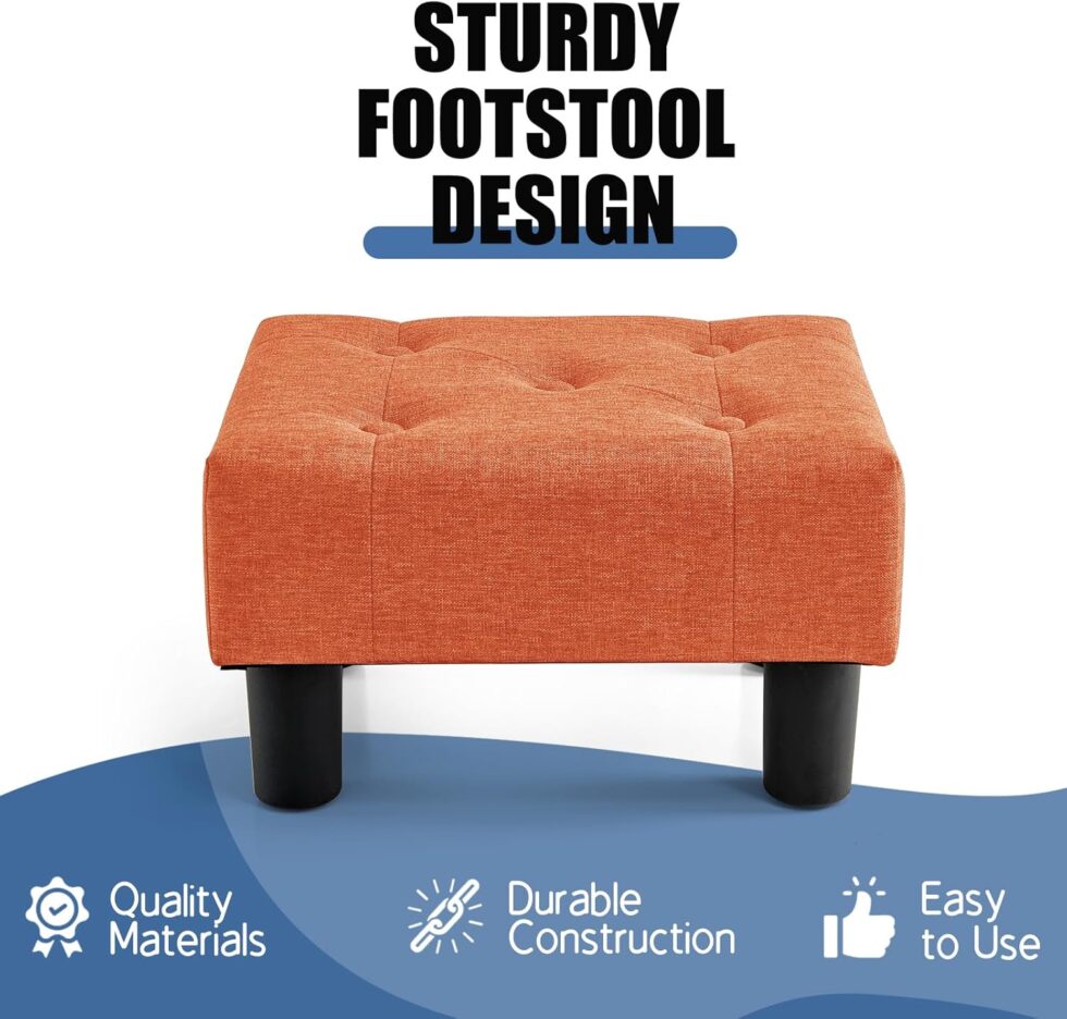 BRIAN & DANY Small Foot Stool, Linen Foot Stools with Legs, Stable Small Footstool for Living Room, Orange