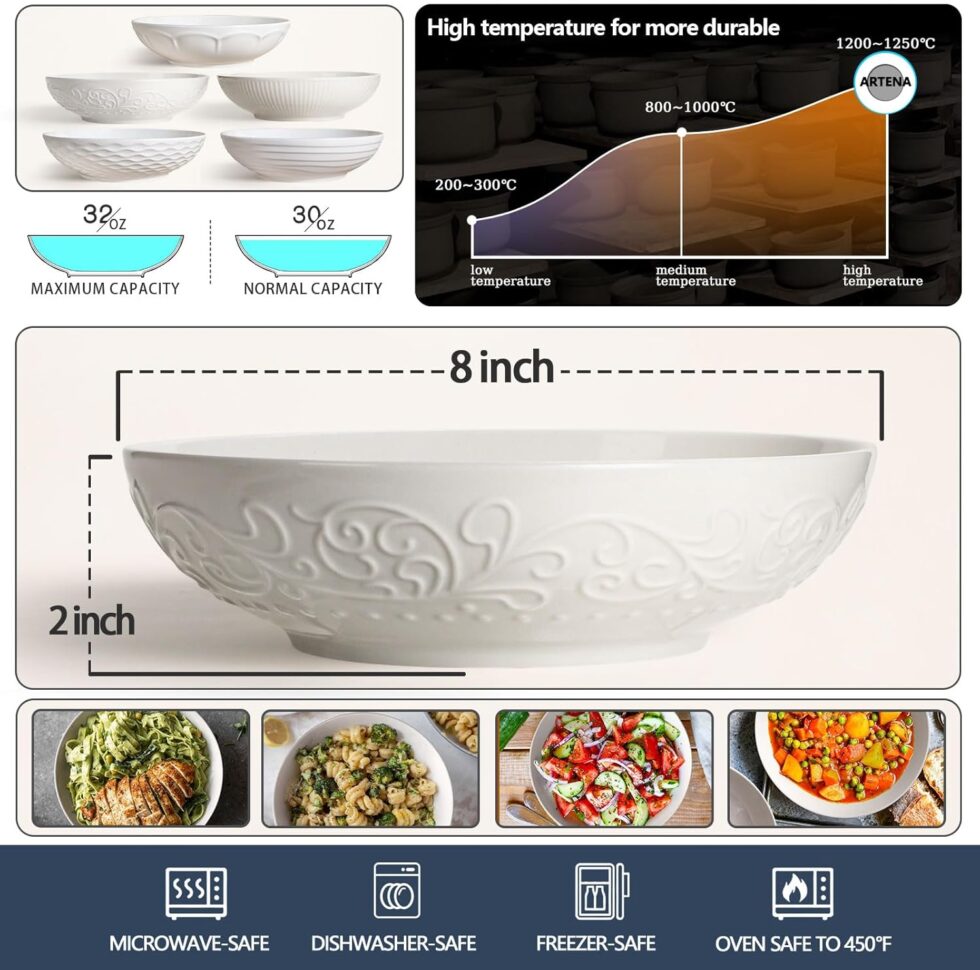 Artena Pasta Bowls 32oz, Ceramic Large Salad Bowls 8 inch, White Embossed Soup Bowl Set of 4 for Serving, Entertaining, Dinner Spaghetti, Wide Shallow, Microwave Dishwasher Oven Safe