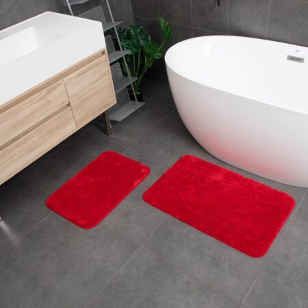 Microfiber Bathroom Rugs and Mats Sets 2 Piece,Non-Slip Bath Rugs, Machine Washable Absorbent Bath Mats for Bathroom Floor, Shower (Red, 16''x24'' Plus 20''x32'')