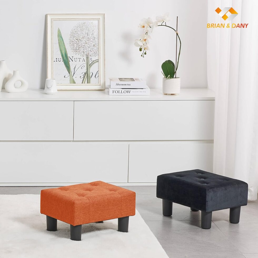BRIAN & DANY Small Foot Stool, Linen Foot Stools with Legs, Stable Small Footstool for Living Room, Orange