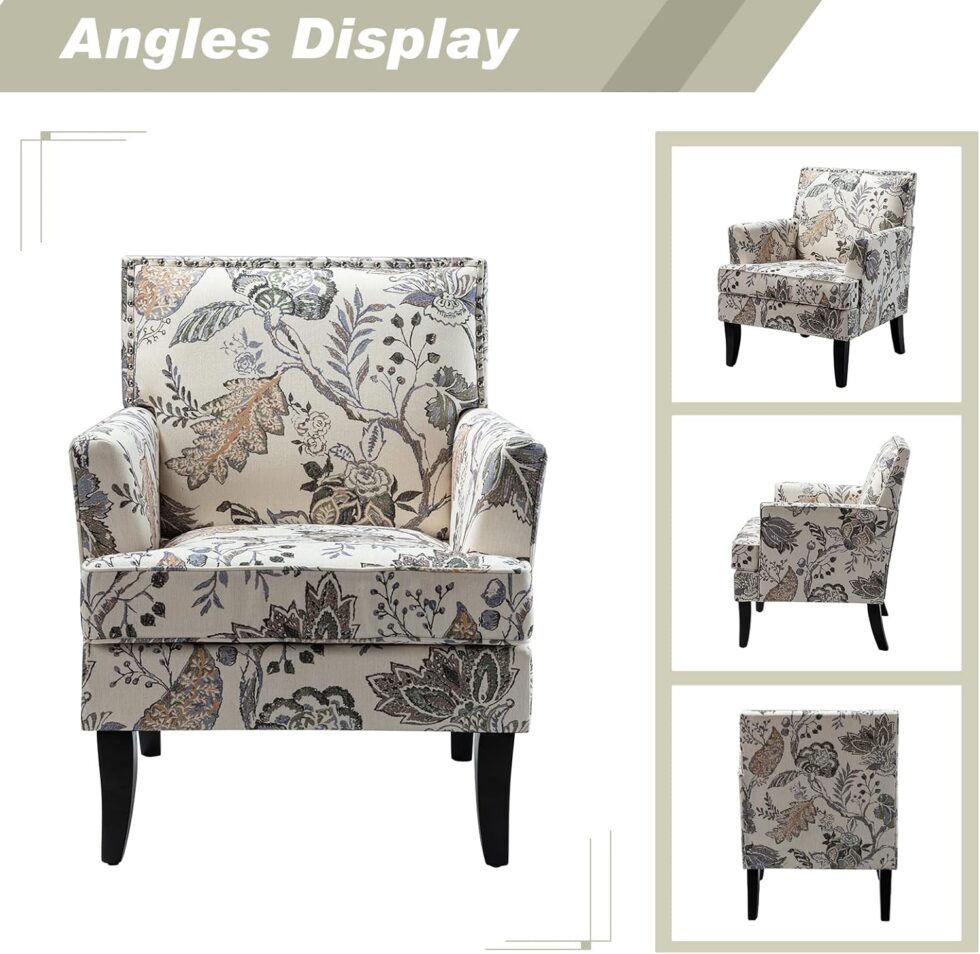 HULALA Home Modern Accent Chair with Arms and Wooden Legs, Floral Patterned Accent Chair Armchair High Back Rest, Padded Armrest and Comfortable Cushioned Seat for Living Room (Orange Grey Floral)