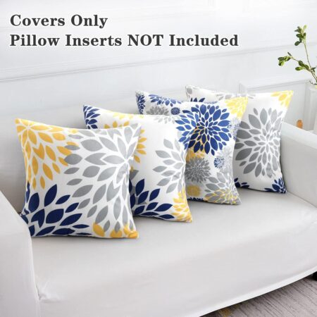 18x18 Throw Pillow Cover Blue and Yellow Decorative Velvet Pillow Cover Set of 4 Grey Flower Pillowcase for Bedroom Sofa Cushion