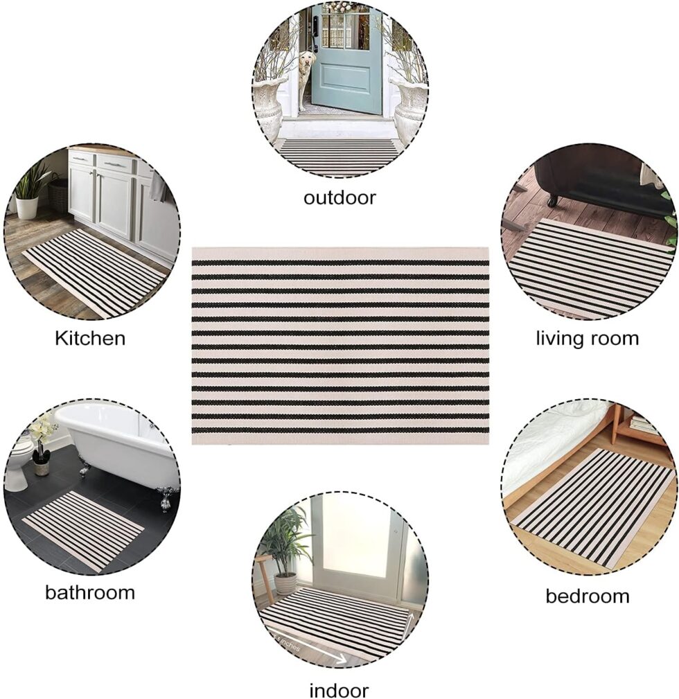 LEEVAN Washable Area Rug - 5'x8' Living Room & Bedroom Rug - Black & White Striped for Kitchen, Dining Room, Playroom, Mudroom, Entryway