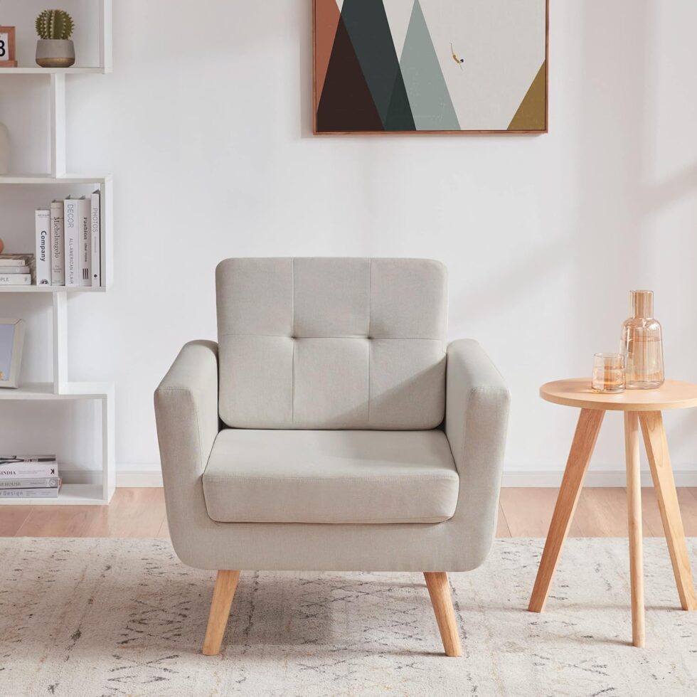 Tbfit Linen Fabric Accent Chair, Mid Century Modern Armchair for Living Room, Bedroom Button Tufted Upholstered Comfy Reading Accent Chairs Sofa(Beige)