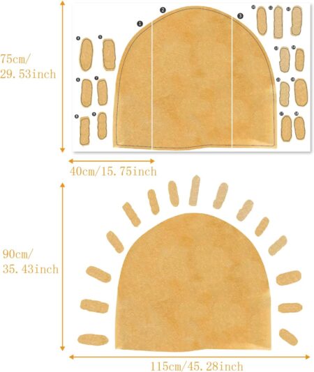 Large Fabric Watercolor Boho Half Sun Wall Decals Peel and Stick, Pastel Sunrise Wall Murals Stickers, Sunshine Wall Arch Art Decor for Kids Room Playroom Nursery Bedroom, 45.28" x 35.43"